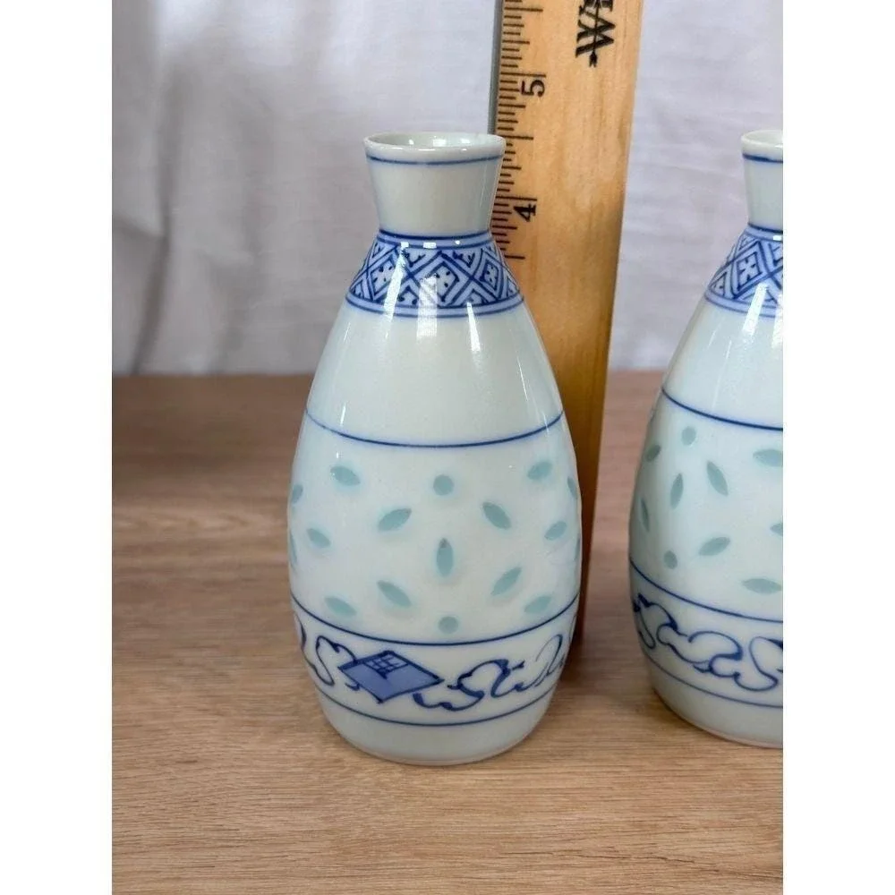 Japanese Ceramic Sake Bottle Set Blue and White Floral Geometric Carafes 5